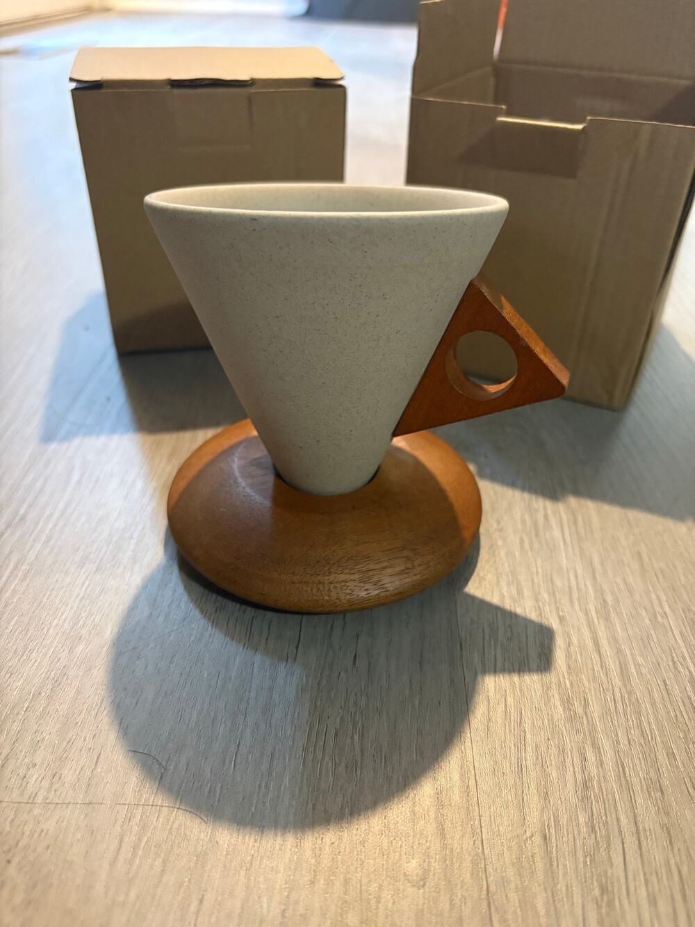 NEW Set of 2 Minimalist Ceramic Cone Coffee Mugs with Wooden Handles & Bases NIB